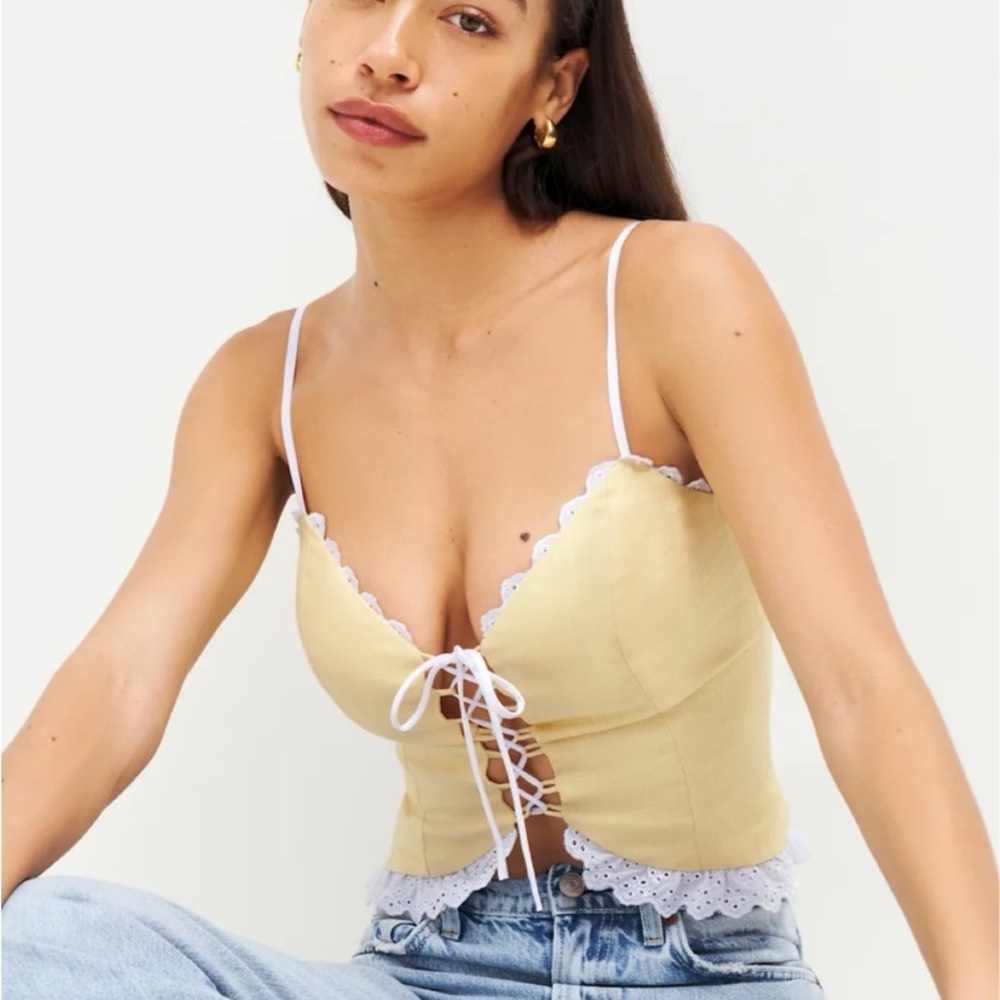 Reformation Yellow Lace-Up Camisole with White Trim